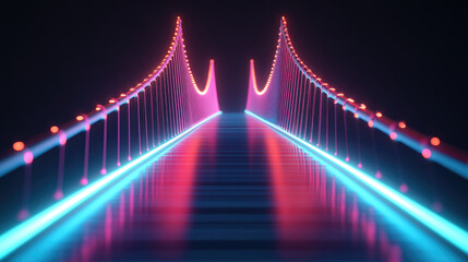 A futuristic bridge with glowing neon lights creates a mesmerizing pathway, inviting viewers into a digital realm.