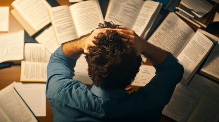 Obraz premium A person appears stressed while studying among scattered books and notes.