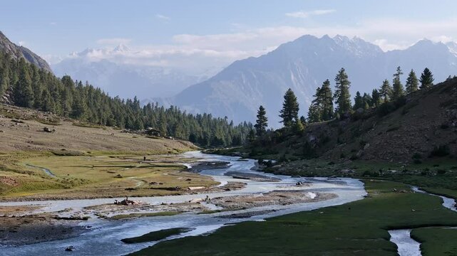 Aerial video over the Indus River and beautiful views at Qumran Village Skardu