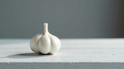 Single bulb of garlic on white wooden surface