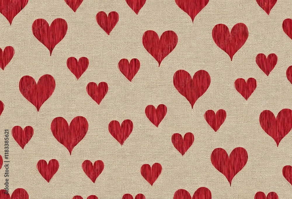 Poster seamless pattern of red hearts on beige linen fabric. a repeating pattern of red hearts on a light b