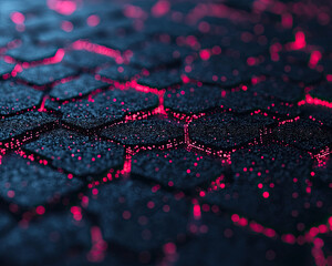 A close-up of a dark, textured surface featuring hexagonal patterns illuminated by vibrant red highlights.