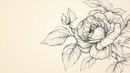 Continuous black line art of a blooming rose with delicate petals and leaves on a minimalist white canvas.