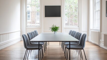 Modern boardroom with large table and comfortable chairs awaiting executives