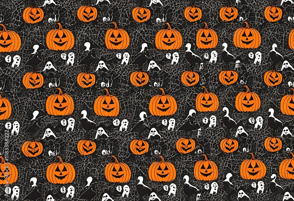 Aufkleber spooky halloween pattern with jack-o'-lanterns and ghosts. a repeating halloween pattern on a dark g