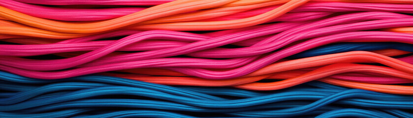 A vibrant array of intertwined cords, showcasing shades of pink, orange, and blue, creating a lively visual pattern.