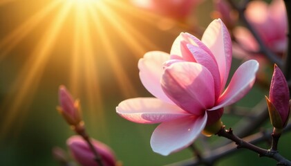 Fototapeta premium Sun-kissed magnolia blooms with intricate details, sunbeams, backlit