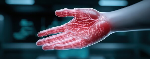 Bioprinter producing a skeletal human hand structure with intricate veins and arteries, concept of custom prosthetics, bright futuristic research lab backdrop
