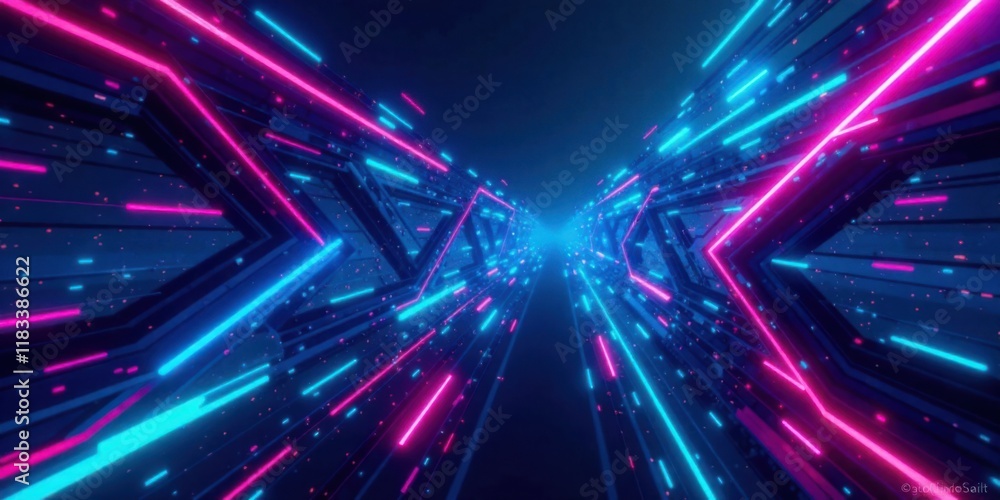 Poster abstract neon corridor futuristic digital tunnel with vivid pink and blue glowing lines and particle