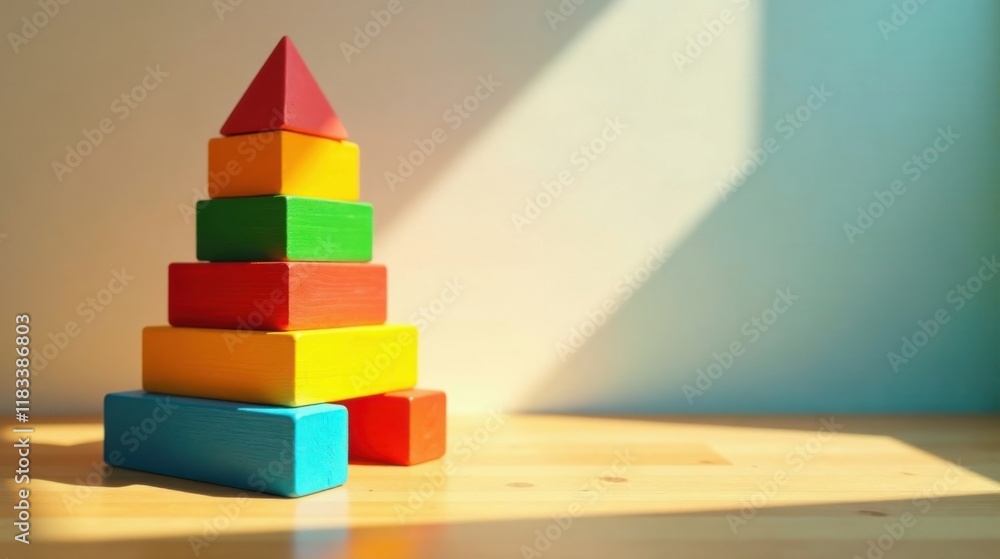 Poster Colorful Wooden Blocks Stacked in a Pyramid Shape on a Sunny Table
