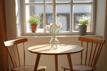 Minimalist dining table with a flower vase by a window