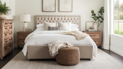 Fototapeta premium Cozy bedroom with layered textures, a plush bed, and modern accents, set against an infinite background.