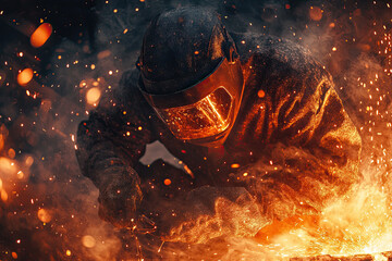 Close-up of a welder with sparks flying during metal fabrication