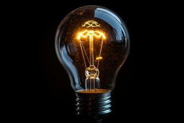 Light bulb with warm glowing filament on black background