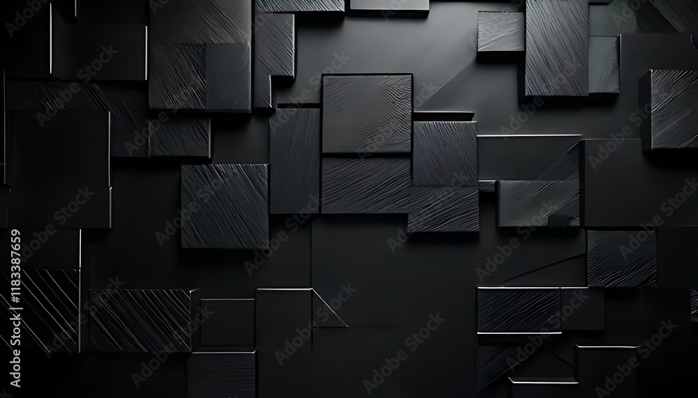 Poster black, overlapping rectangular shapes create a textured, minimalist, and geometric pattern a