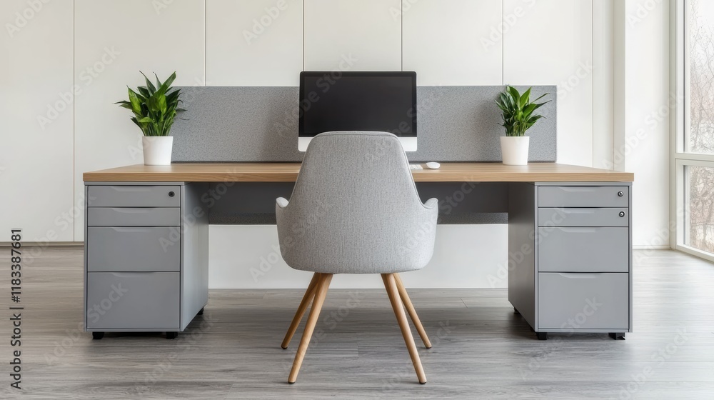 Poster modern office desk setup promoting efficient workflow in naturally lit workspace