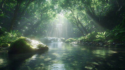 Low-angle shot of a crystal-clear stream running through a lush rainforest