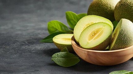 Fresh green melons sliced and arranged with leaves in a wooden bowl on a dark surface.