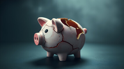 A cracked and damaged piggy bank, symbolizing financial hardship or broken savings.