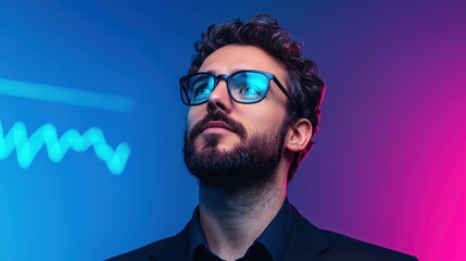 Obraz premium A man in glasses looks upwards against a backdrop of blue and pink lights, exuding a confident and contemplative vibe.
