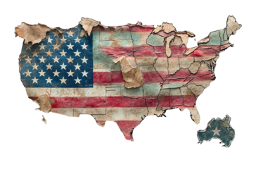 A map of the United States with a torn flag in the middle ,on transparent background.	