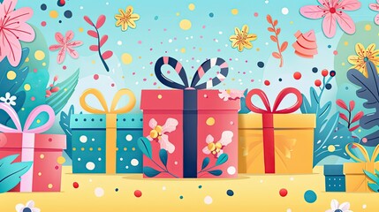 create an illustration style cover page with some gifts images. bright colors and fun cartoonish elements