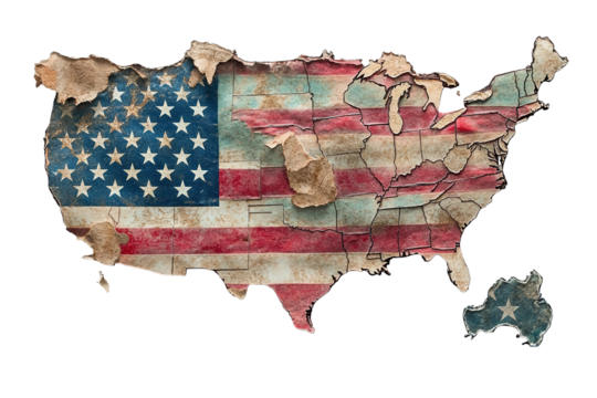 A map of the United States with a torn flag in the middle ,on transparent background.	
