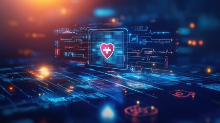 Futuristic health data interface in a virtual environment, no people, copy space for text