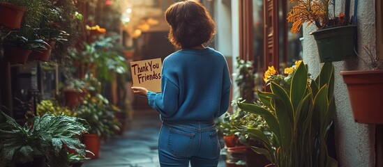 Woman holds thanks sign, alley, plants
