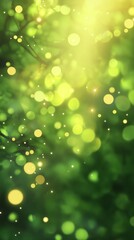 Fototapeta premium Abstract glowing light bokeh with green leaves and yellow sunlight