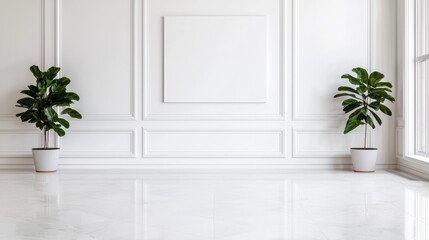 Empty modern and minimalist white office with two plants