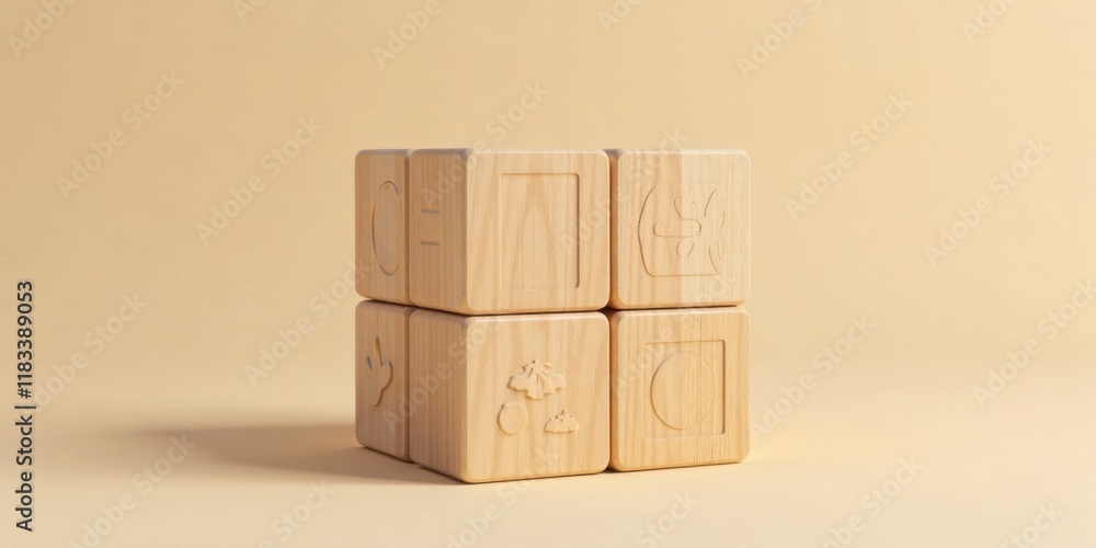 Aufkleber Wooden blocks with various engraved symbols arranged in a cube shape on a pale yellow background
