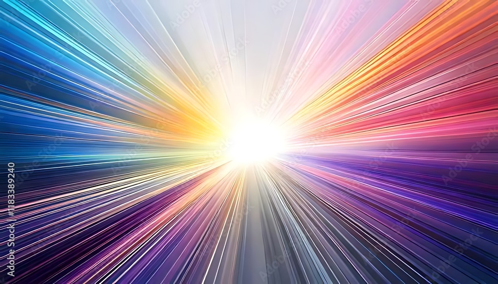 Poster colorful abstract design resembling light rays emanating from a central point.