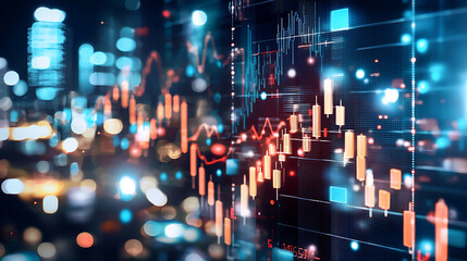 vibrant digital display of stock market trends and data analysis, showcasing fluctuating graphs and financial metrics in bustling cityscape