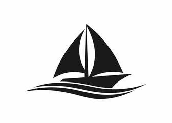 black and white silhouette, sailing ship, stylized waves, minimalist design, nautical icon, smooth curves, symmetrical composition, vector graphic style, simple shapes, maritime theme, contrast, clean