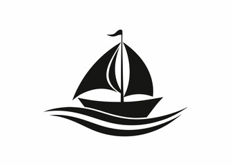 black and white silhouette, sailing ship, stylized waves, minimalist design, nautical icon, smooth curves, symmetrical composition, vector graphic style, simple shapes, maritime theme, contrast, clean