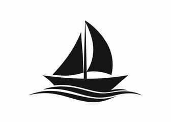 black and white silhouette, sailing ship, stylized waves, minimalist design, nautical icon, smooth curves, symmetrical composition, vector graphic style, simple shapes, maritime theme, contrast, clean
