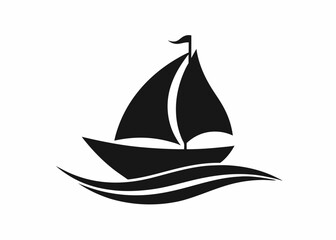 black and white silhouette, sailing ship, stylized waves, minimalist design, nautical icon, smooth curves, symmetrical composition, vector graphic style, simple shapes, maritime theme, contrast, clean
