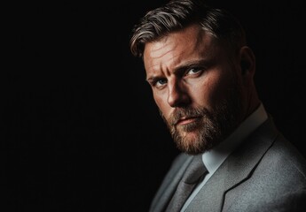 Obraz premium Confident Businessman Posing in Grey Suit Against Black Background.