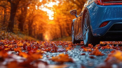 Blue Car Autumn Drive Through Colorful Leaves