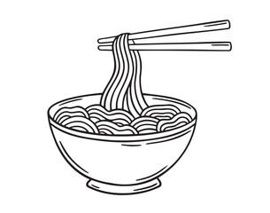 Bowl of noodle with chopsticks doodle hand drawn icon. Outline drawing bowl of noodle with chopsticks line clipart symbol