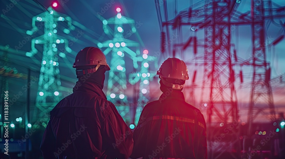 Aufkleber engineers working on energy transition projects, integrating renewable energy sources into the grid