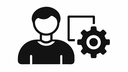 Simple black icon, human silhouette, gear symbol, user settings concept, minimalist design, high contrast, flat graphic, profile management illustration, system configuration pictogram, black and whit
