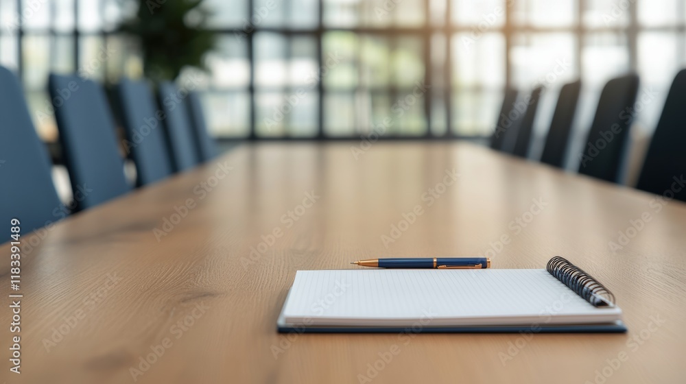 Poster notebook and pen resting on modern meeting table in high-rise office