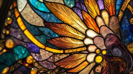 Vibrant Stained Glass Artwork Depicting Radiant Colors and Intricate Patterns with Warm Tones of Amber, Gold, and Blue Shimmering in the Light