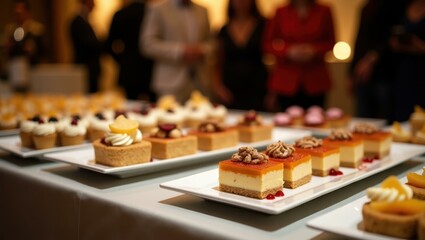 An array of luxurious artfully prepared desserts on display at gala's dessert table Smiling diverse group attending an exclusive gala event