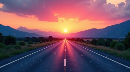 Fototapeta premium Asphalt road leading towards a vibrant sunset over a serene landscape with majestic mountains in the distance.