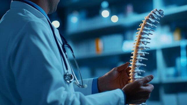 A medical professional examines a spine model in a clinical setting.