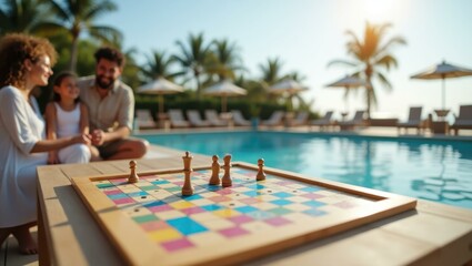 Casual board game laid out on poolside table ready for family challenge Smiling Caucasian family relaxing by an infinity pool at a resort