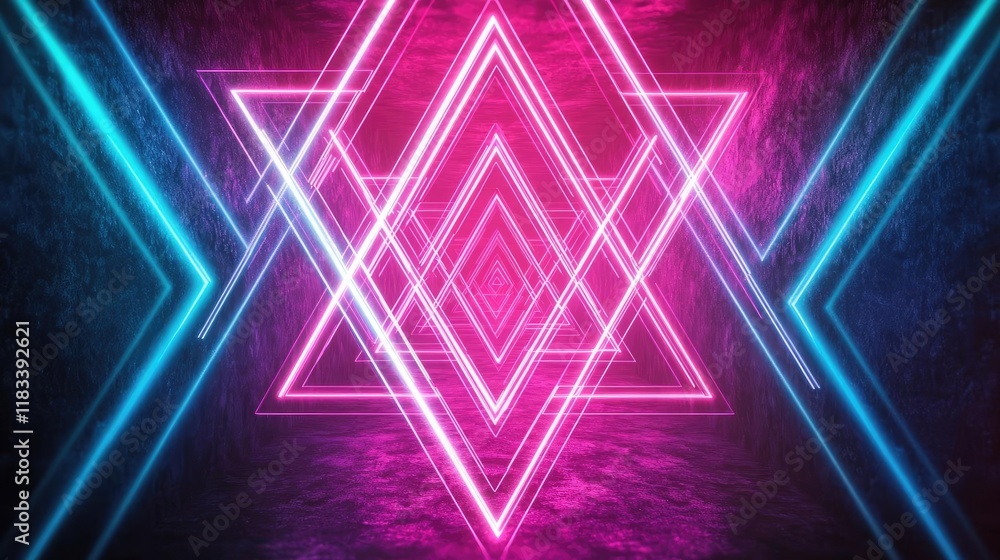 Poster matrix abstract background concept. vibrant neon geometric pattern with pink and blue lights creatin